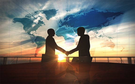 World business shake hand in office silhouettes rendered with computer graphic 3d.